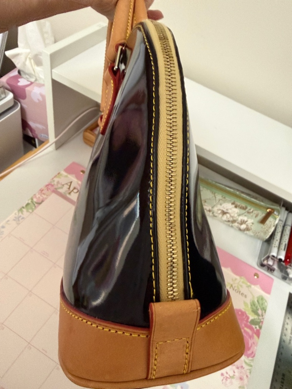 Dooney & Bourke Black Patent Satchel with Tan Trim - Picture 5 of 10